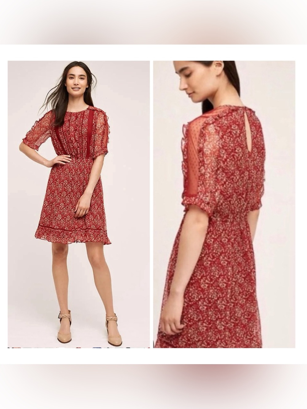 Anthropologie Floreat Size‎ US8 Burgundy Pintuck Ruffle Lace Detail A-Line Dress